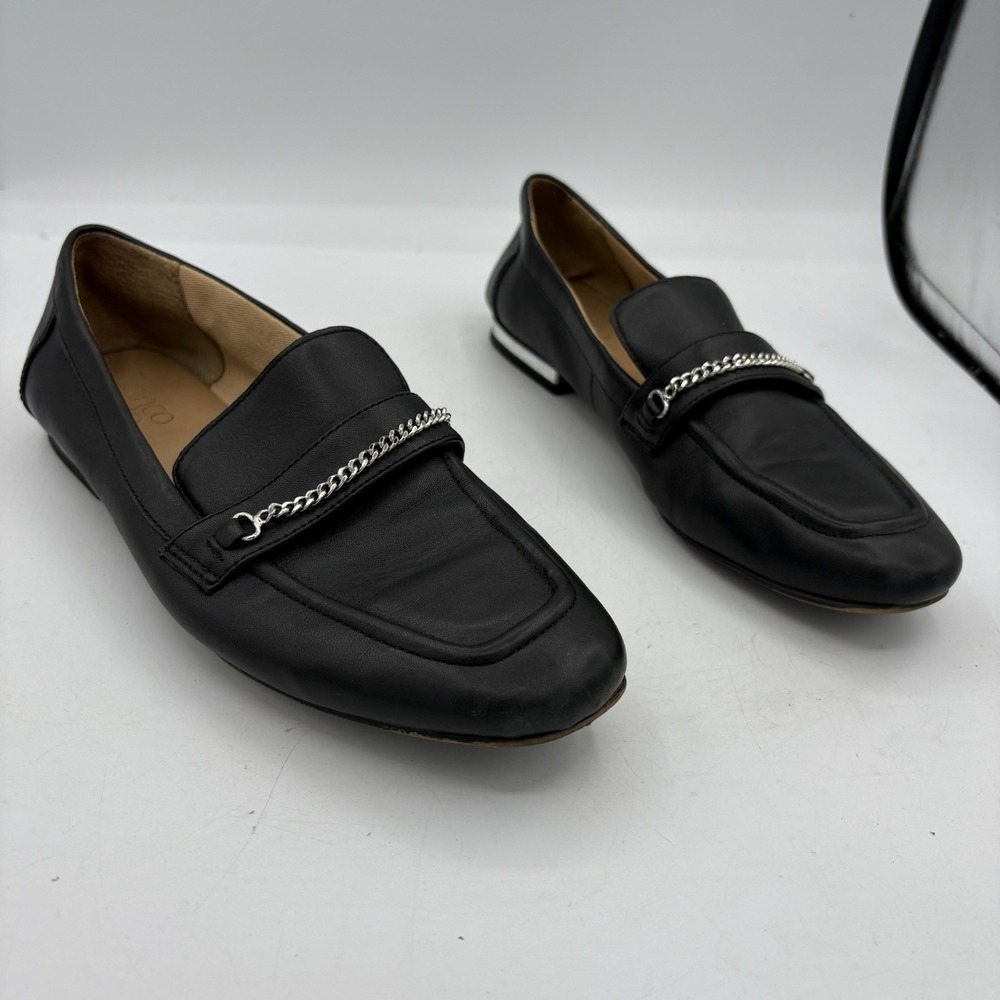 Franco Sarto Shoes Womens Size 7 Damia Slip On Loafers Black Chain Block Leather